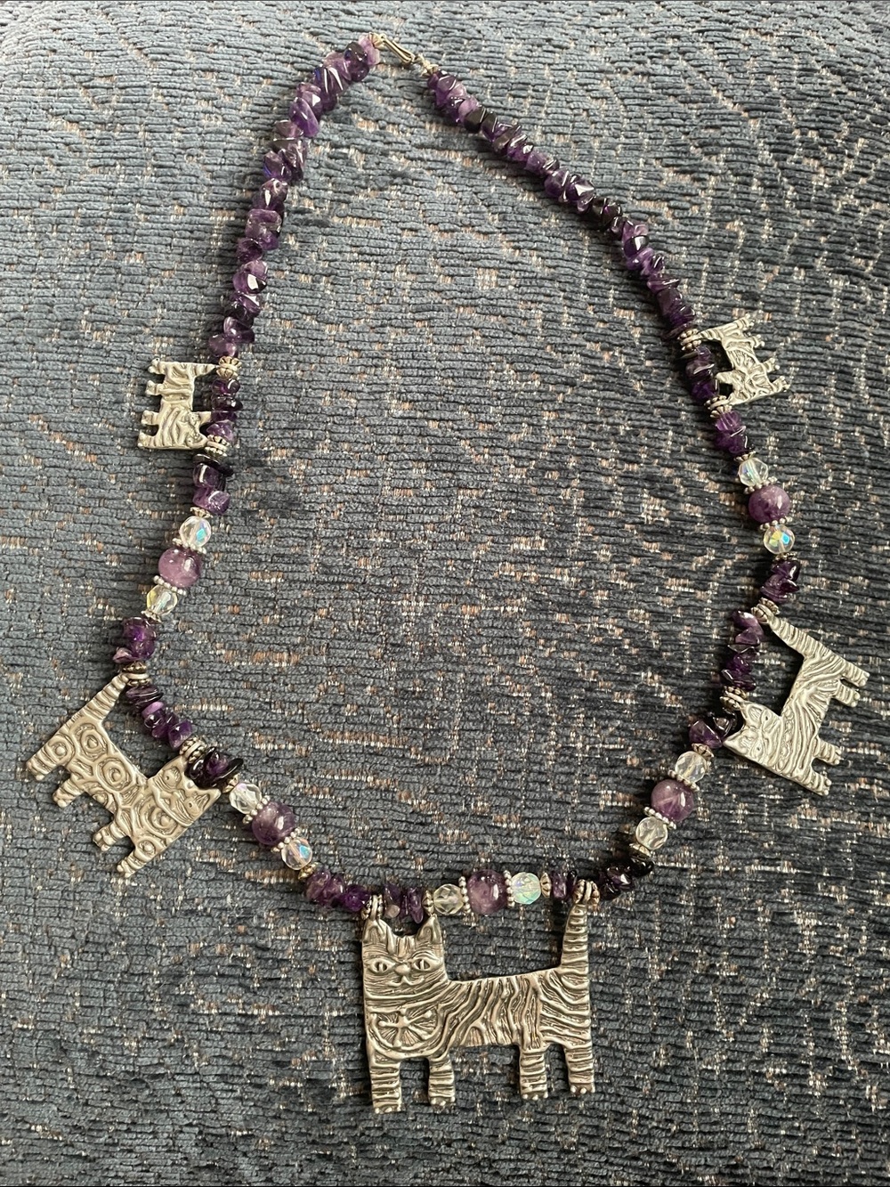 Vintage 1990s Amethyst Bead Necklace with Silver Cat Charms